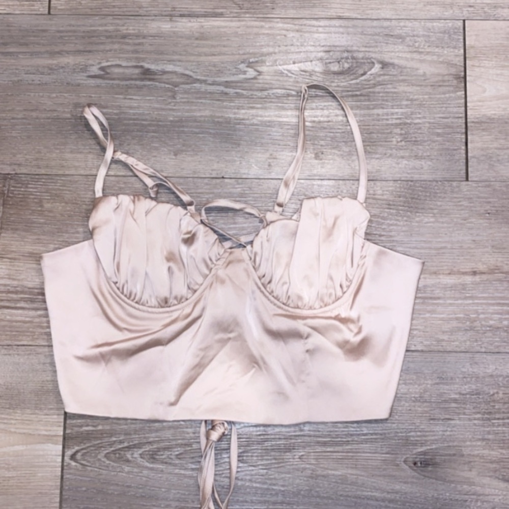 Light beige/ nude satin lace up crop top